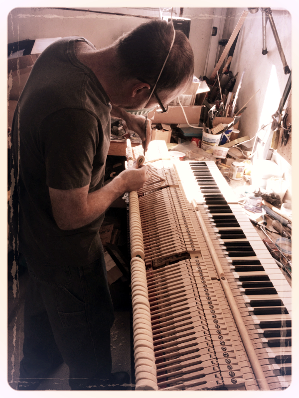 Expert piano technician working on piano action regulation